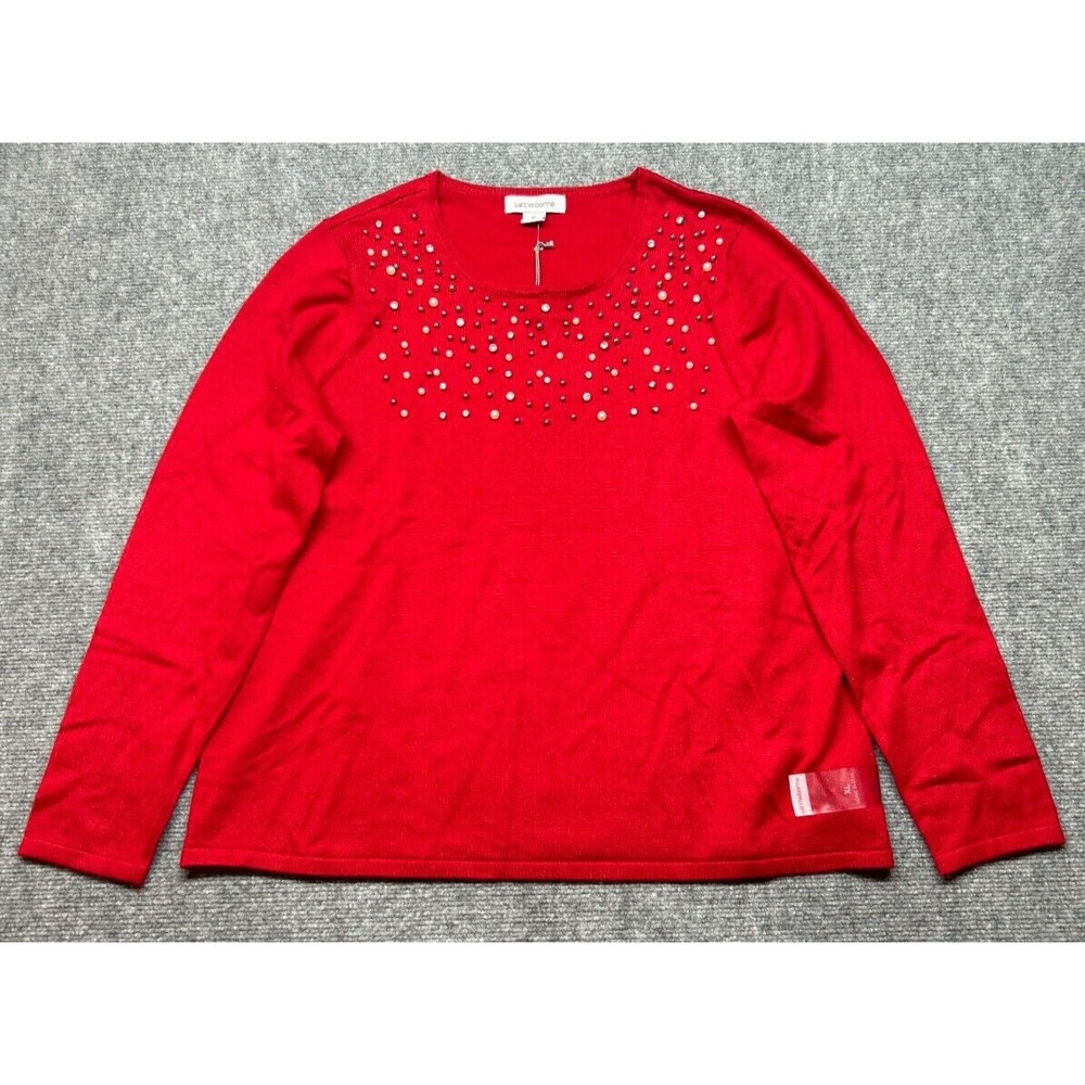 Liz Claiborne Sweater Womens XL Cabaret Red Beaded Round Neck Long Sleeve New